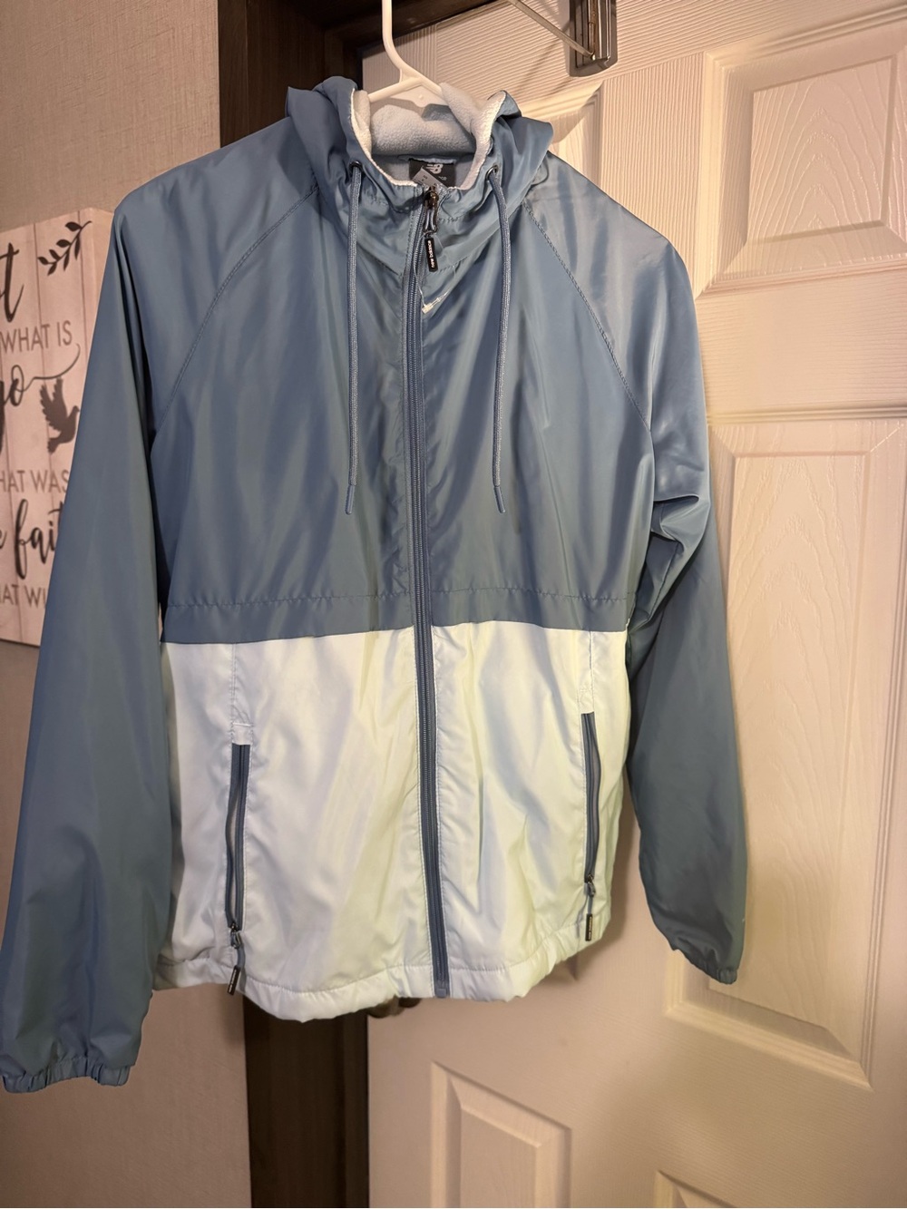 New Balance Two-Tone Light Blue and White Hooded Windbreaker